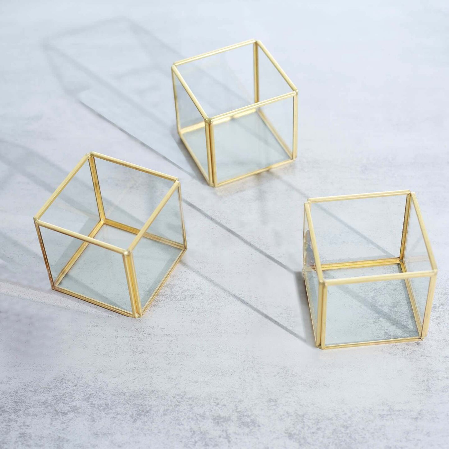3-Pack Glass Tealight Votive Candle Holders Square Cube Design Clear with Gold Metal Frame - Stackable 3"