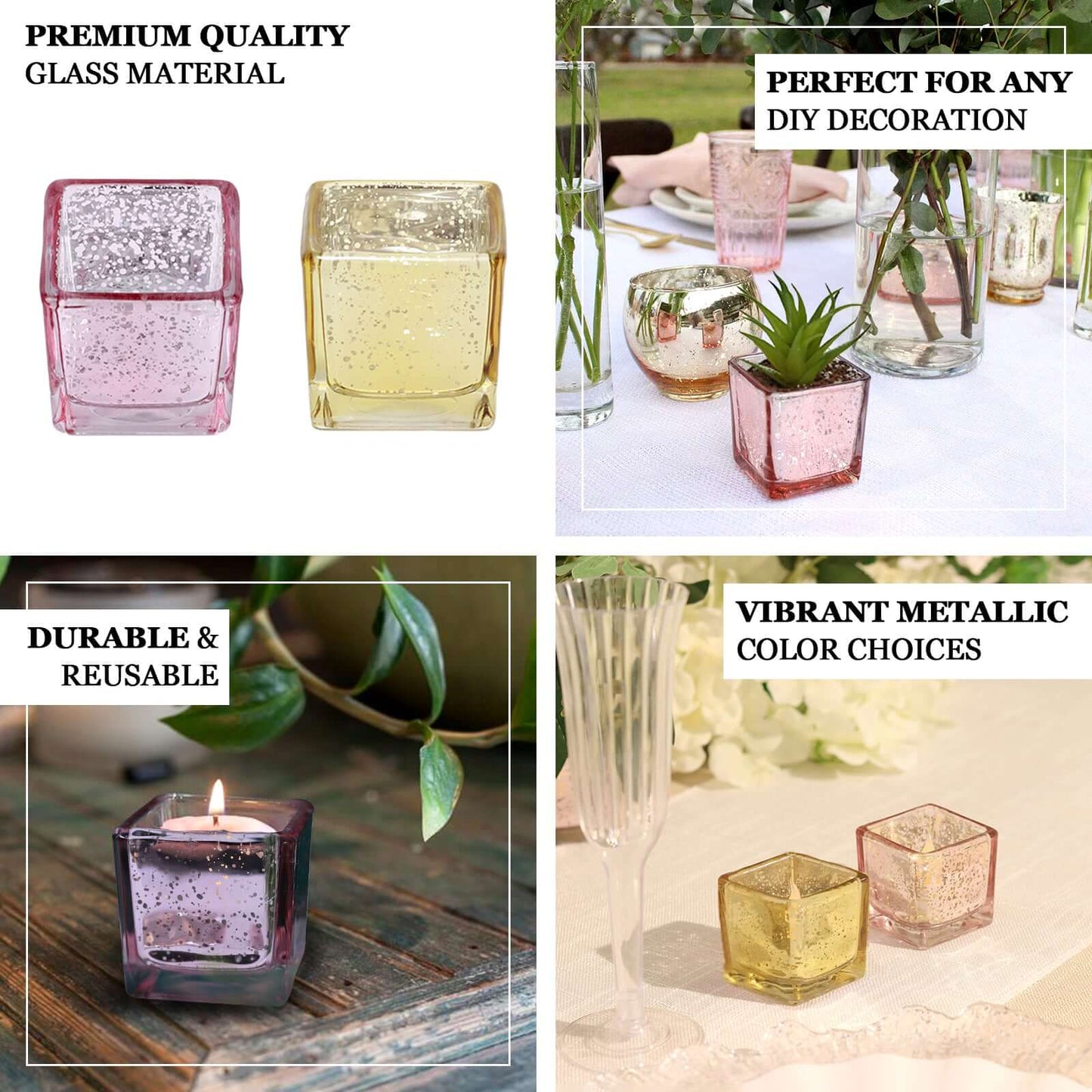 12-Pack Mercury Glass Candle Holders Gold with Speckled Design - Square Votive Tealight Holders 2"