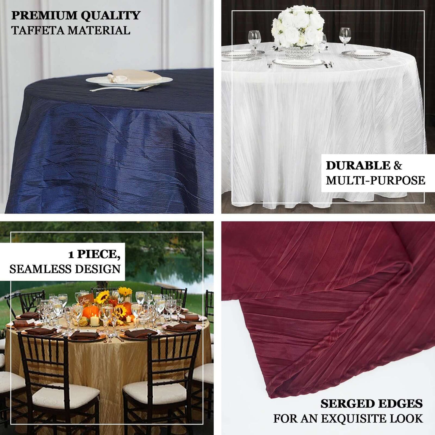 Taffeta 120" Round Tablecloth Purple - Seamless Accordion Crinkle Table Cover