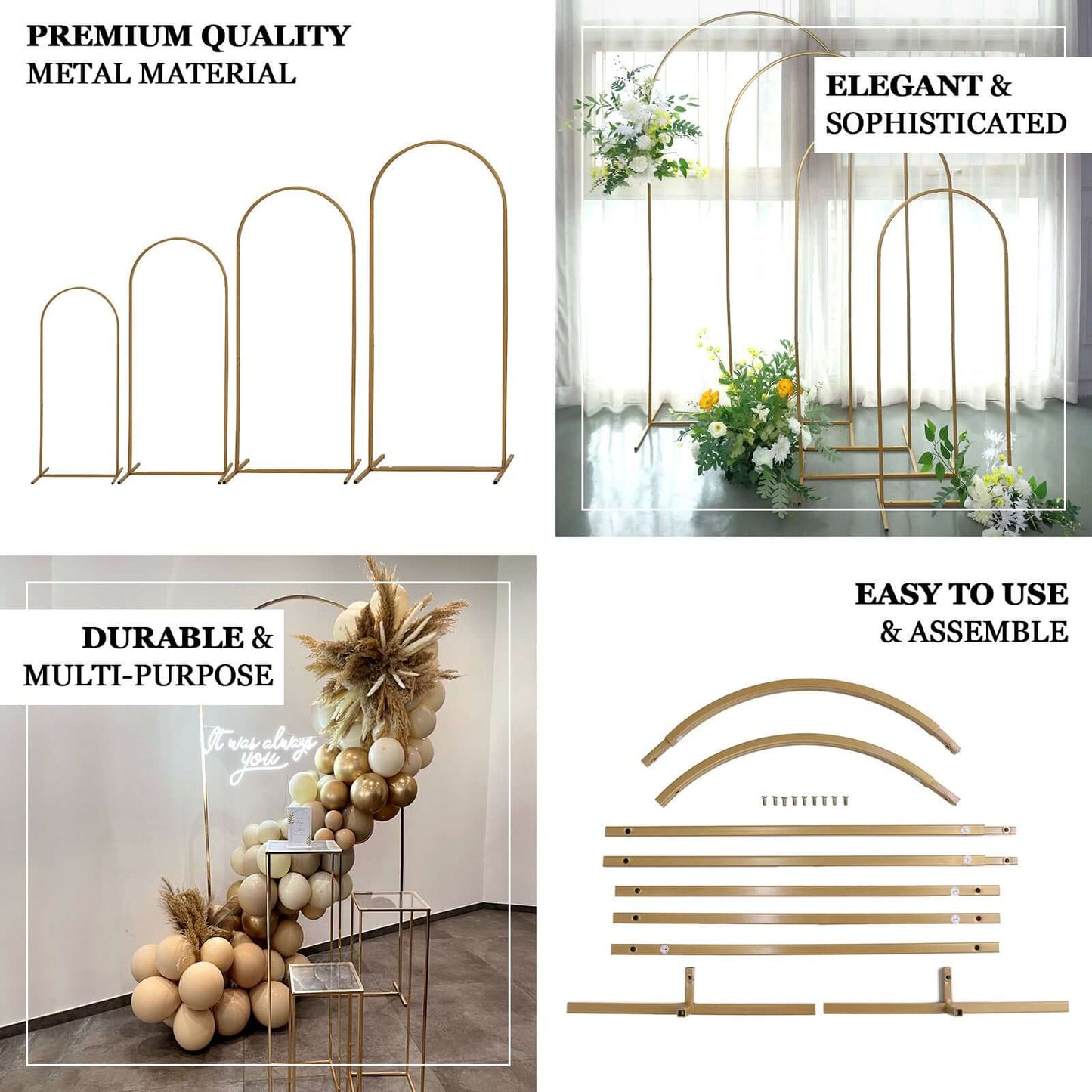 Set of 4 Gold Metal Wedding Arch Chiara Backdrop Stand Floral Display Frame With Round Top