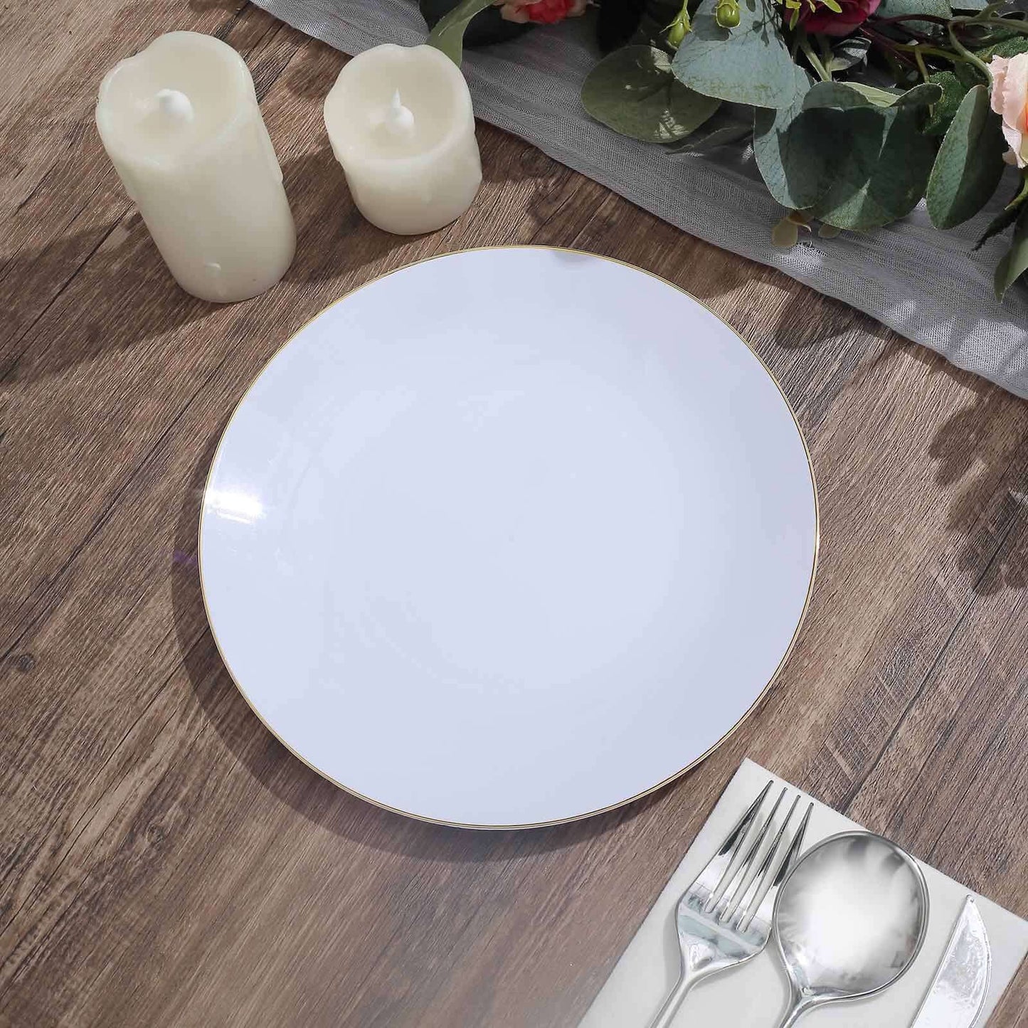 10-Pack Plastic 8" Round Dessert Plates in White with Gold Rim - Glossy Disposable Appetizer Salad Plates for Banquets & Special Occasions