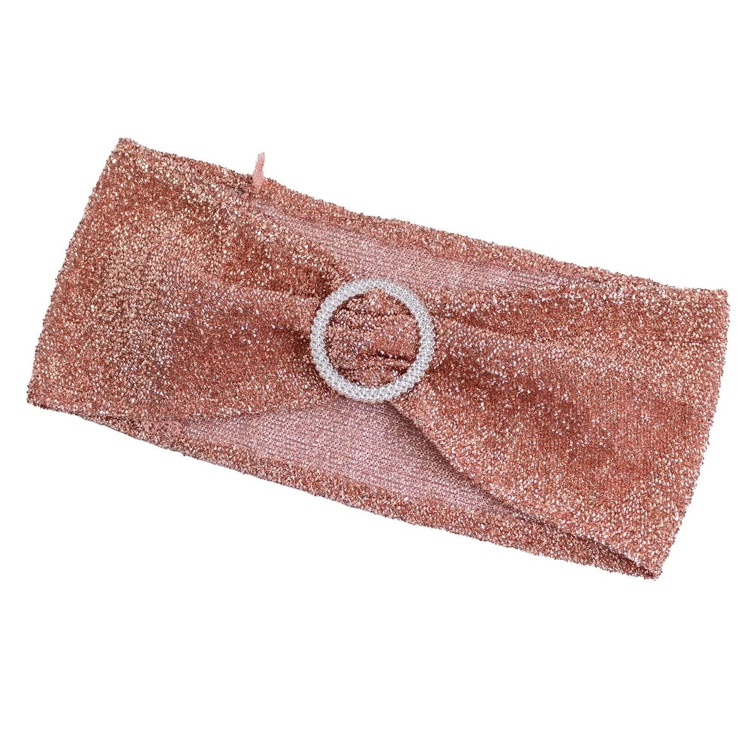 5 Pack Chair Sashes Shimmer Tinsel Spandex 5"x12" with Silver Rhinestone Buckles Rose Gold