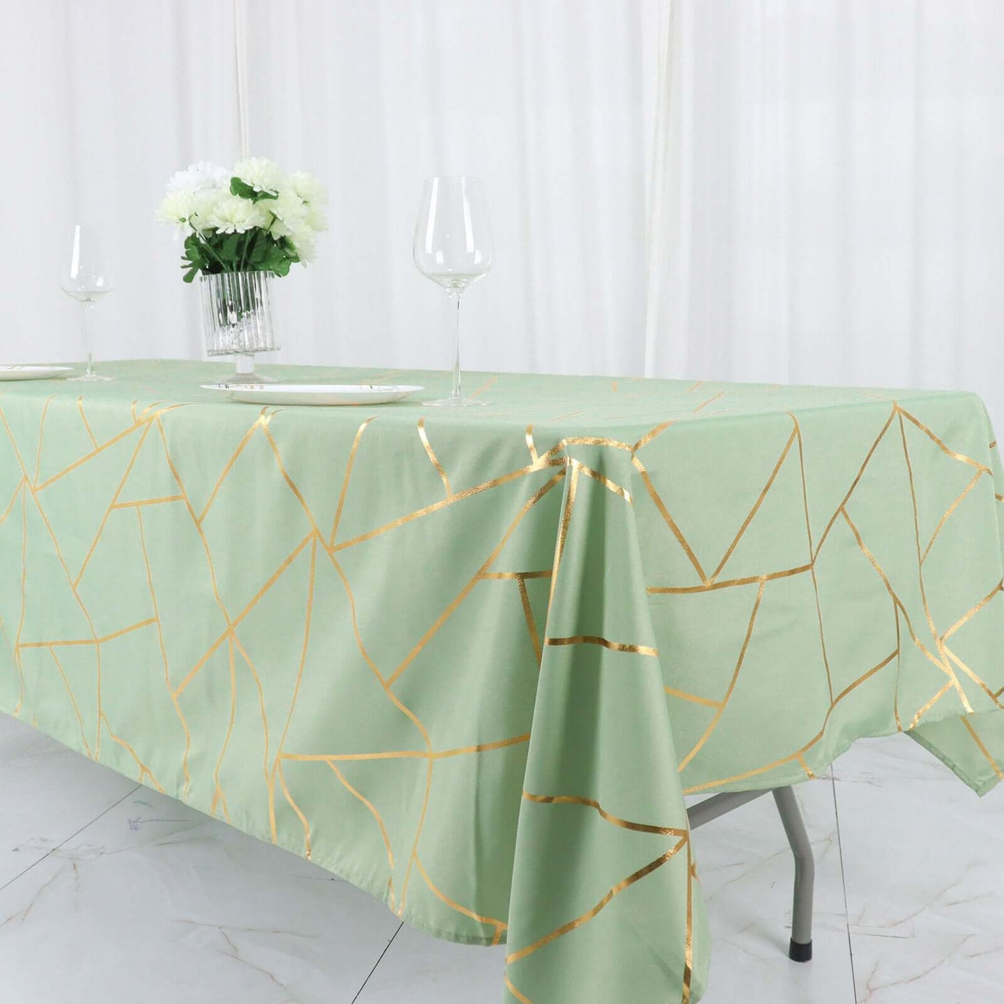 Polyester 60"x102" Rectangle Tablecloth Sage Green with Gold Foil Geometric Pattern - Wrinkle-Resistant & Durable Table Cover