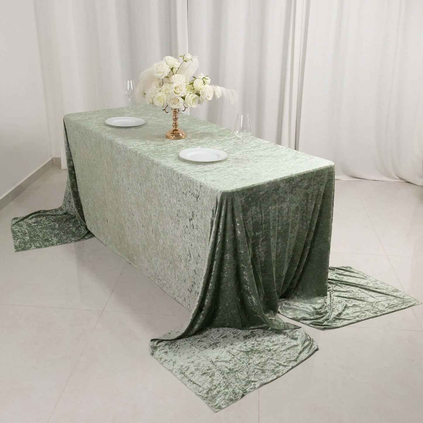 Premium Crushed Velvet 90"x156" Rectangle Tablecloth Sage Green - Reusable Soft Seamless Table Cover