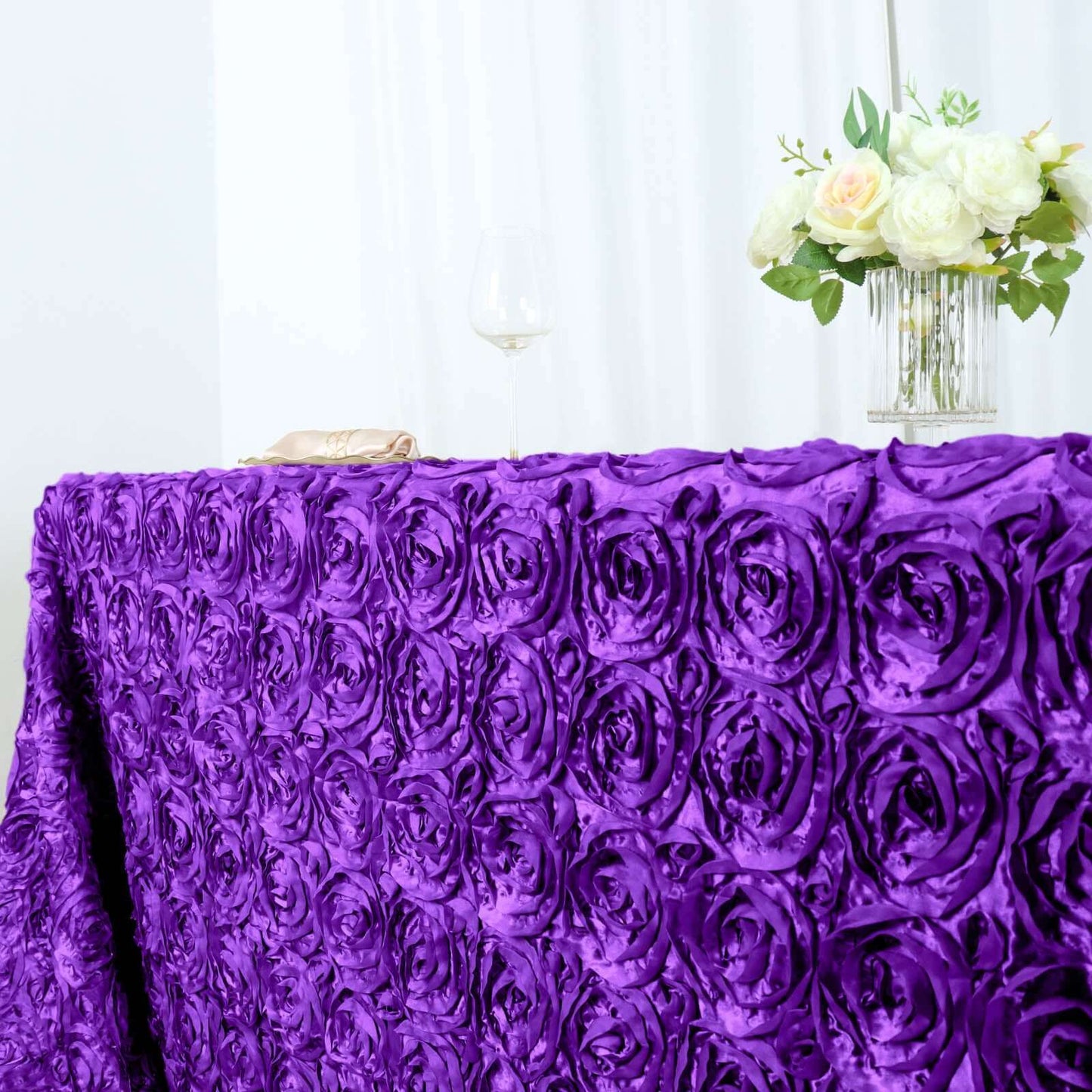 Satin 90"x156" Rectangle Tablecloth Purple - Grandiose 3D Rosette Table Cover with Seamless Finish
