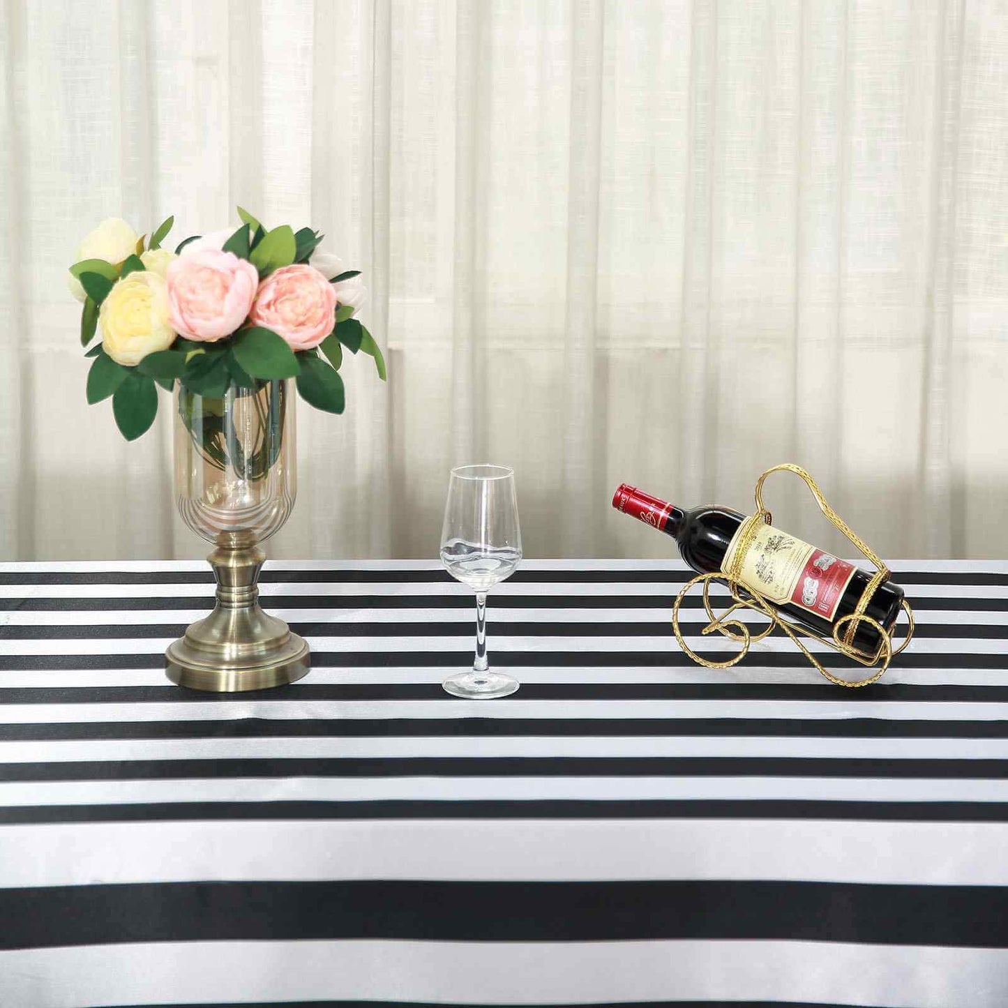 Satin 90"x156" Rectangle Tablecloth Black/White - Stripe Design with Seamless Finish Table Cover