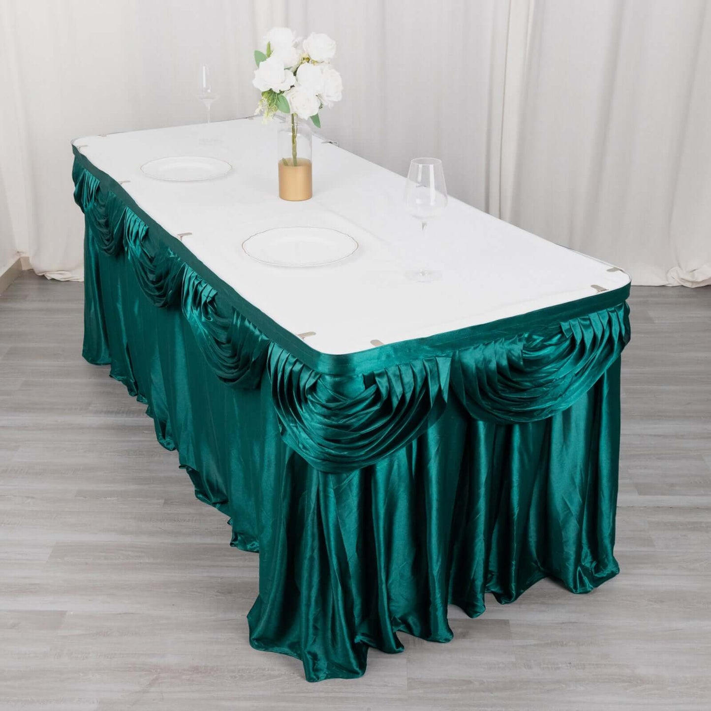 Satin 14ft Table Skirt Peacock Teal - Pleated Double Drape Table Cover
