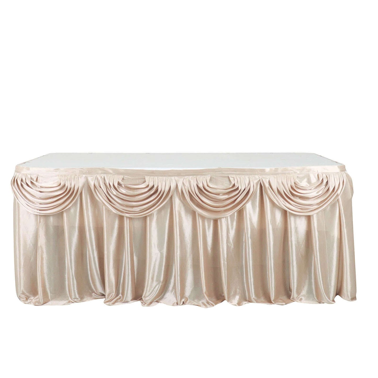 Satin 14ft Table Skirt Beige - Pleated Double Drape Table Cover
