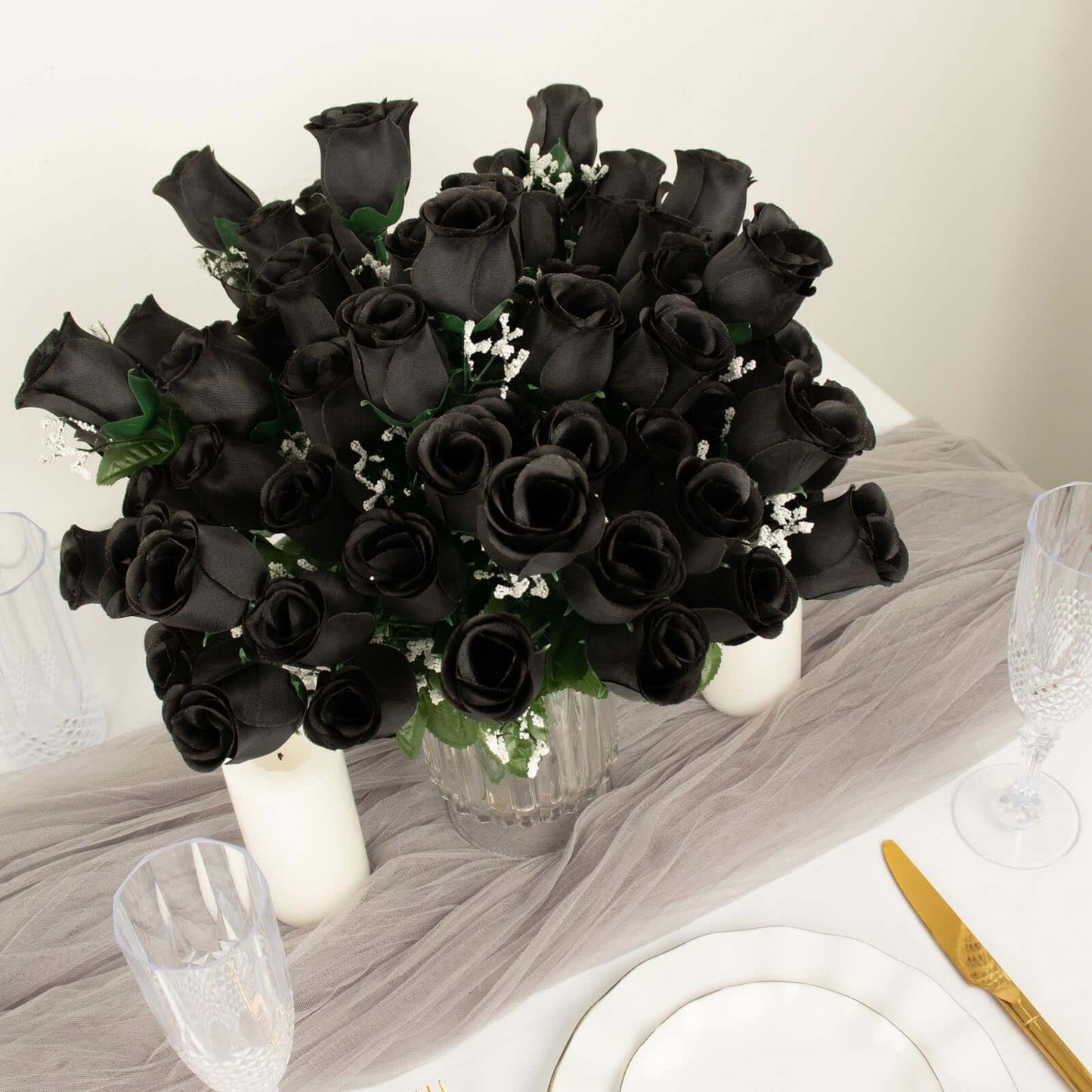 12 Bushes Black Artificial Premium Silk Flower Rose Bud Bouquets