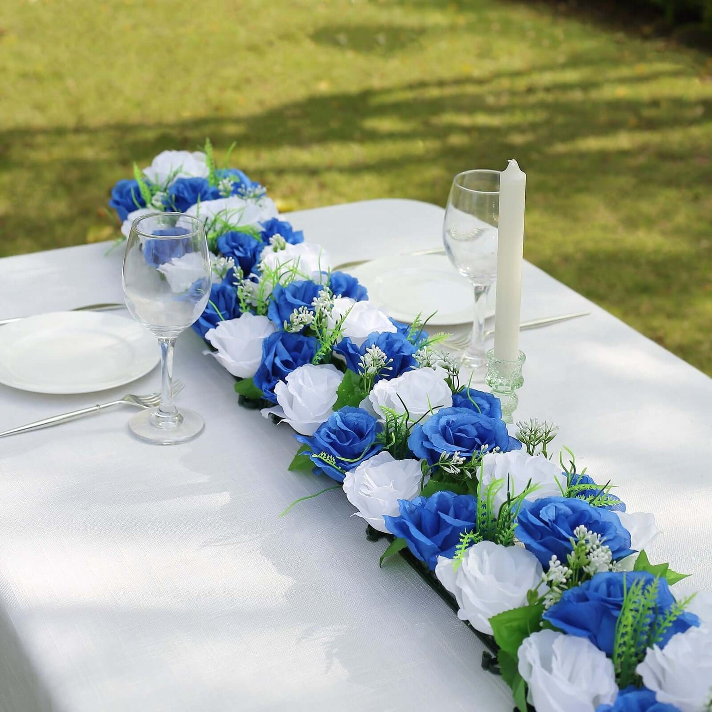 6 Pack White Royal Blue Silk Rose Flower Panel Table Runner, Artificial Floral Arrangements Wedding Table Centerpiece - 20"x8"