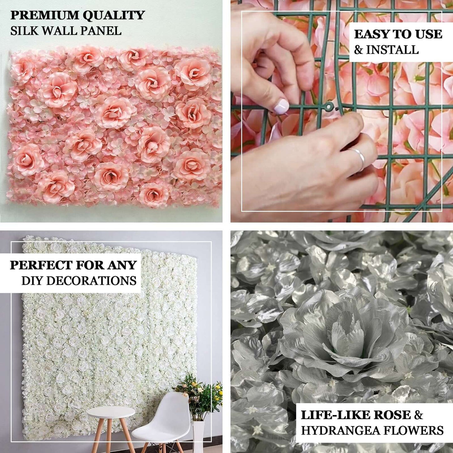 11 Sq ft. White 3D Silk Rose and Hydrangea Flower Wall Mat Backdrop - 4 Artificial Panels