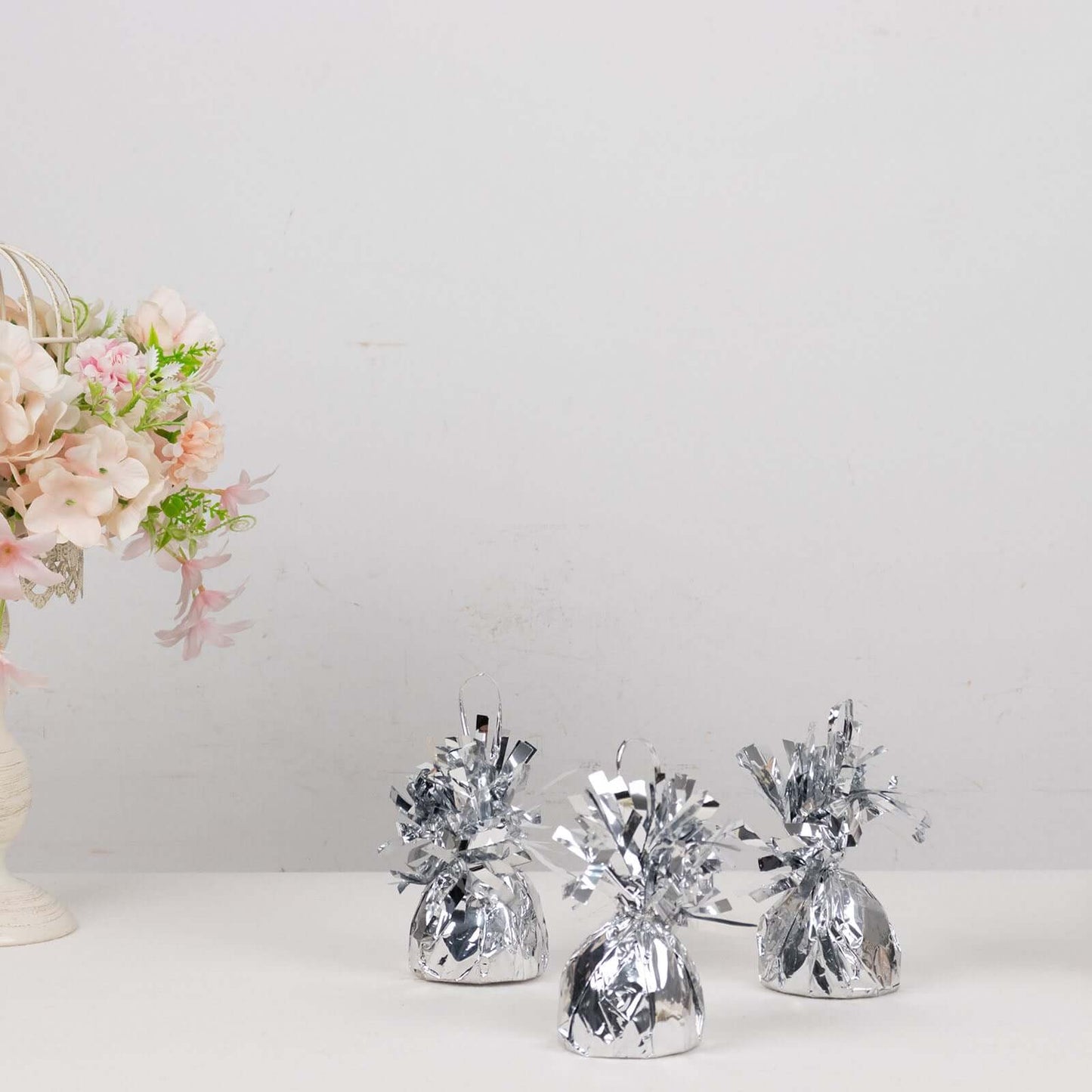 12 Pack 5" Metallic Silver Foil Tassel Top Party Balloon Weights, 5.5oz