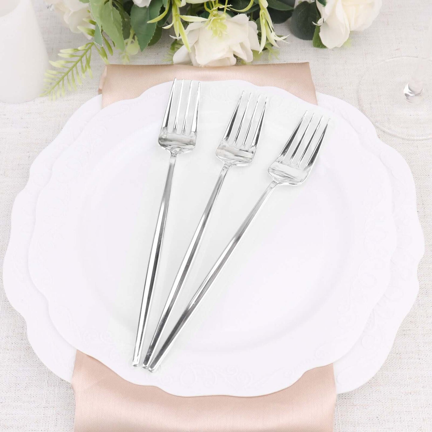 24 Pack 8" Glossy Silver Heavy Duty Plastic Silverware Forks, Shiny Cutlery, Premium Disposable Flatware