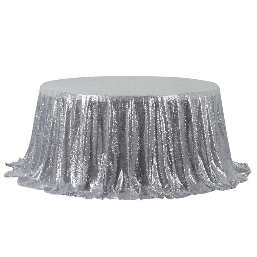 Sequin 132" Round Tablecloth Silver - Seamless Dazzling Table Cover