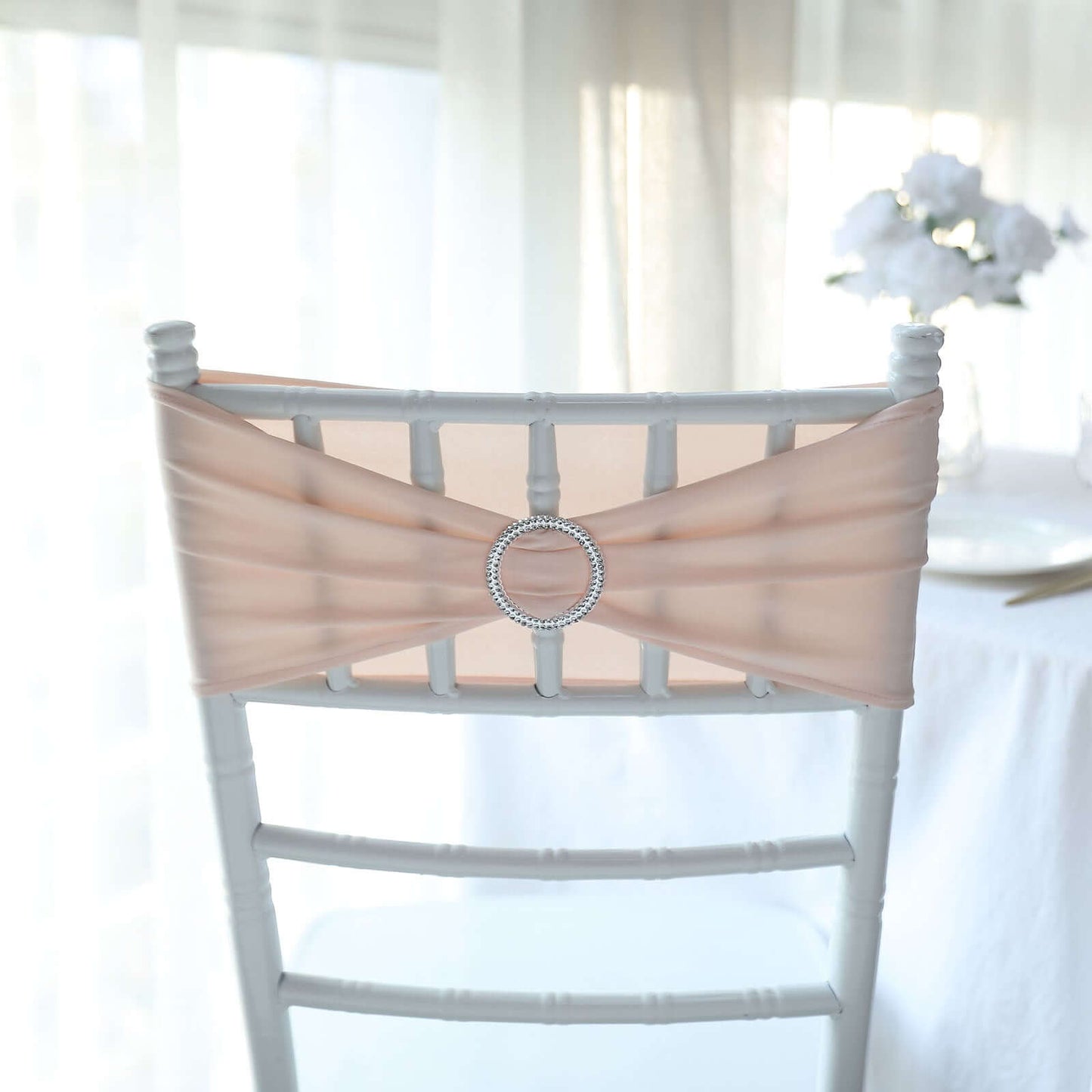 5 Pack Stretch Spandex Chair Sashes Blush - Reusable Chair Bands with Silver Diamond Ring Slide Buckle 5"x14"