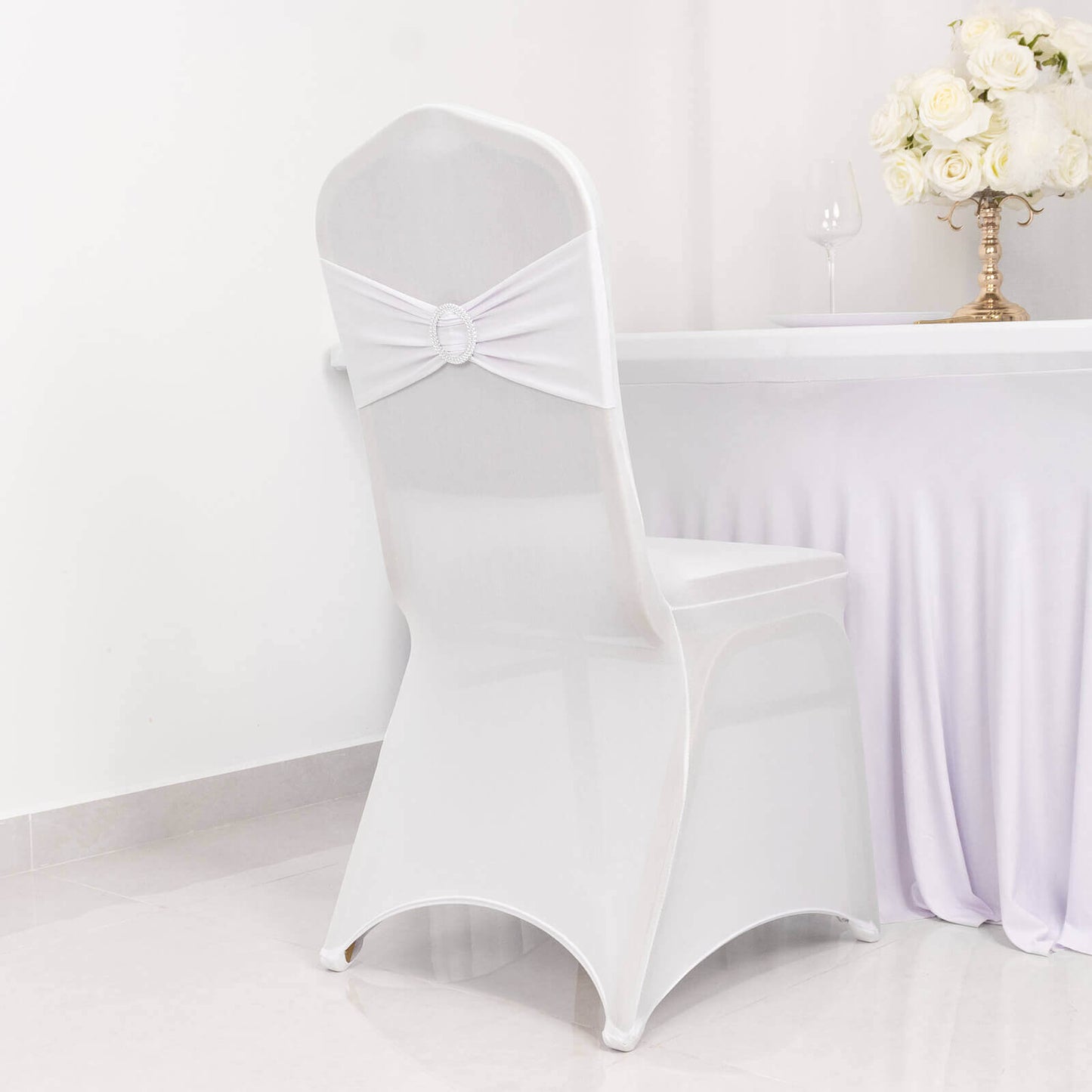 Spandex Chair Cover with Silver Rhinestone Buckled Sash Band White - Stylish Stretch Fitted Slipcover for Banquets & Events