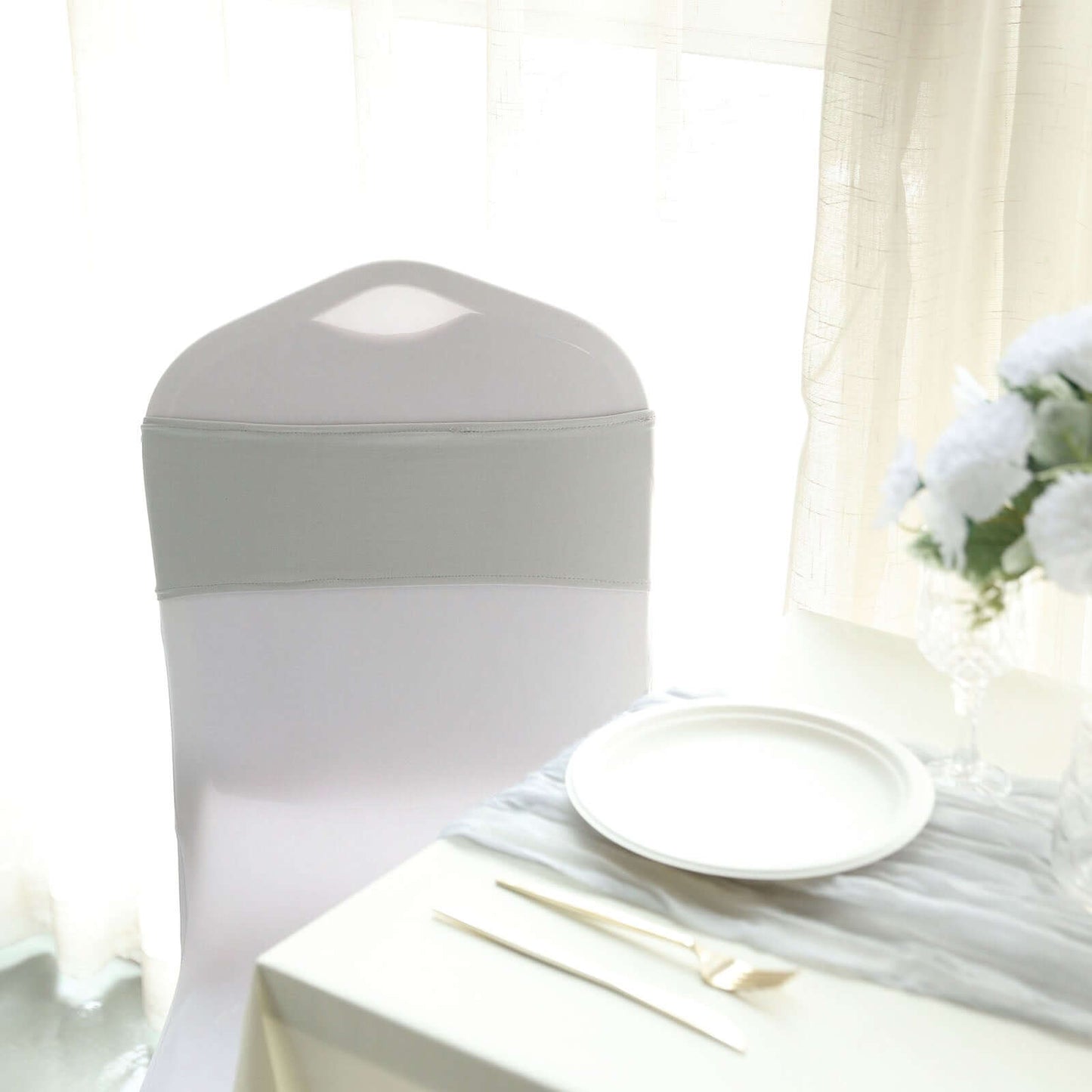 5 Pack Stretch Spandex Chair Sashes Silver - Reusable Chair Bands with Silver Diamond Ring Slide Buckle 5"x14"