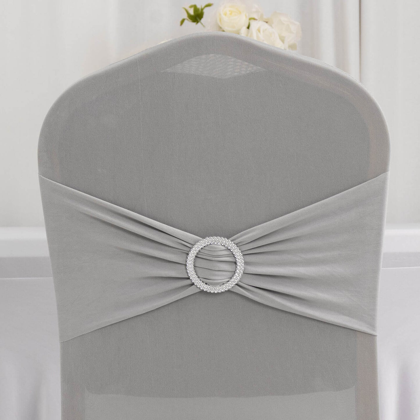 Spandex Chair Cover with Rhinestone Buckled Sash Band Silver - Stretch Fitted Slipcover