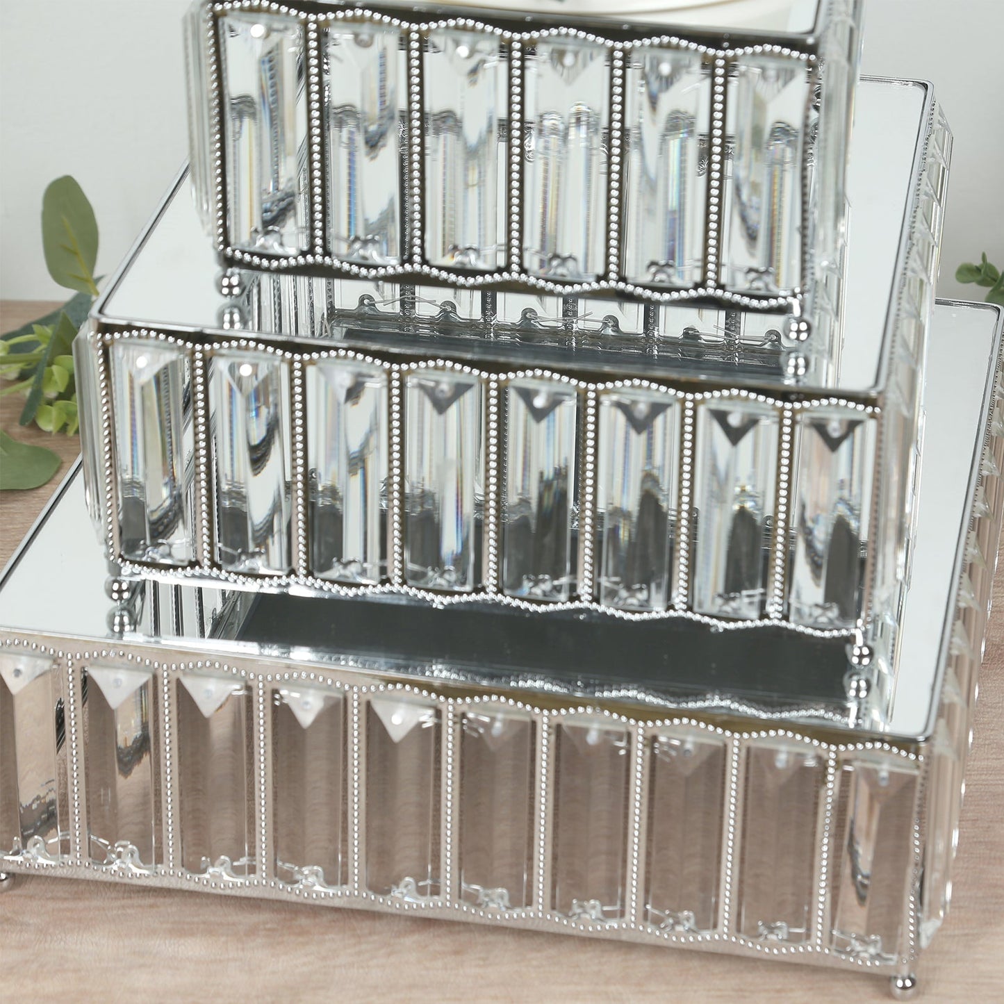 Set of 3 Silver Metal Crystal Pendant Cake Stands with Mirror Top, Stackable Square Dessert Display Trays - 7",10",12"