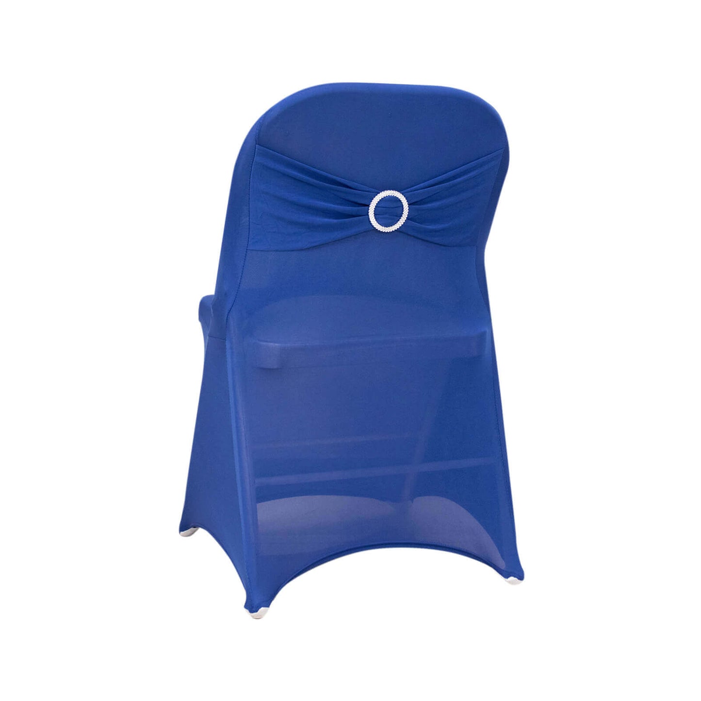Stretch Spandex Chair Cover Royal Blue for Folding Chairs - Secure Fit Slipcover with Silver Rhinestone Buckled Sash Band