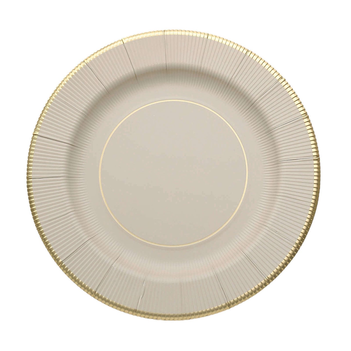 25-Pack Paper 8" Round Dessert Plates in Taupe Sunray Design with Gold Rim - Disposable Heavy Duty 350GSM Appetizer Salad Plates