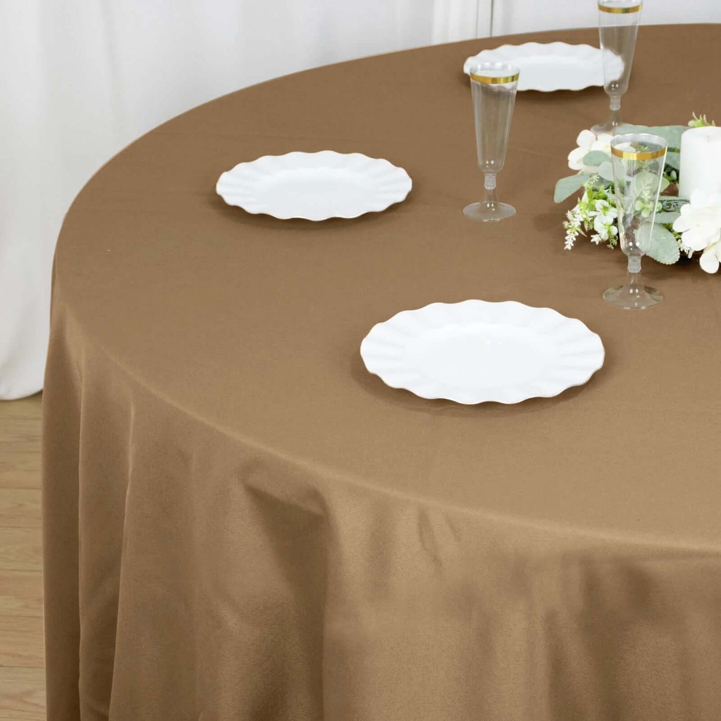 Polyester 132" Round Tablecloth Taupe - Seamless Chic Table Cover