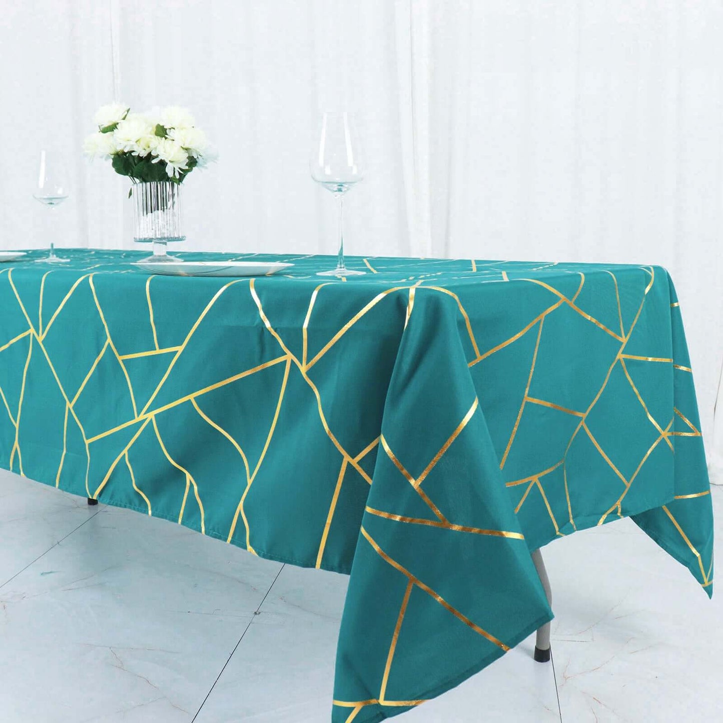 Polyester 60"x102" Rectangle Tablecloth Teal with Gold Foil Geometric Pattern - Wrinkle-Resistant & Durable Table Cover