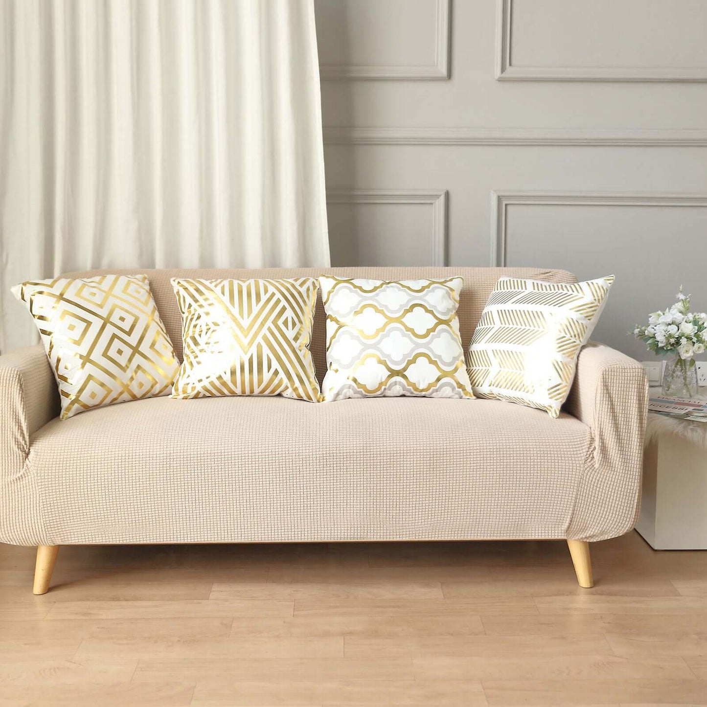 Set Of 4 18" White Gold Foil Geometric Print Throw Pillow Covers, Velvet Square Sofa Cushion Covers