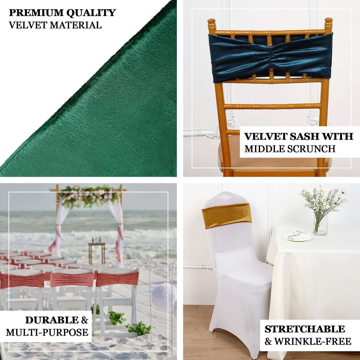 5 Pack Premium Crushed Velvet Chair Sashes Black Ruffle Style - Textured Chair Bands for Stunning Event Decor