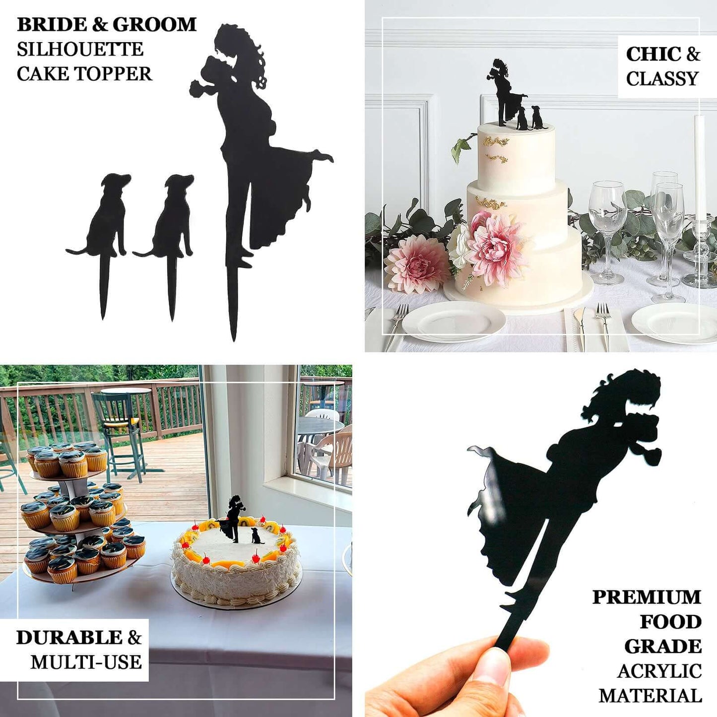 Acrylic Cake Toppers Black Silhouette Design of Bride, Groom, and Pet Dogs - Wedding Cake Decoration Set 7"
