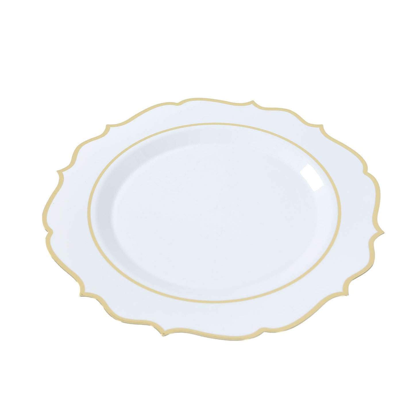 10-Pack Economy Plastic Round Charger Plates 13" in White with Gold Scalloped Rim, Decorative Dinner Party Serving Plates