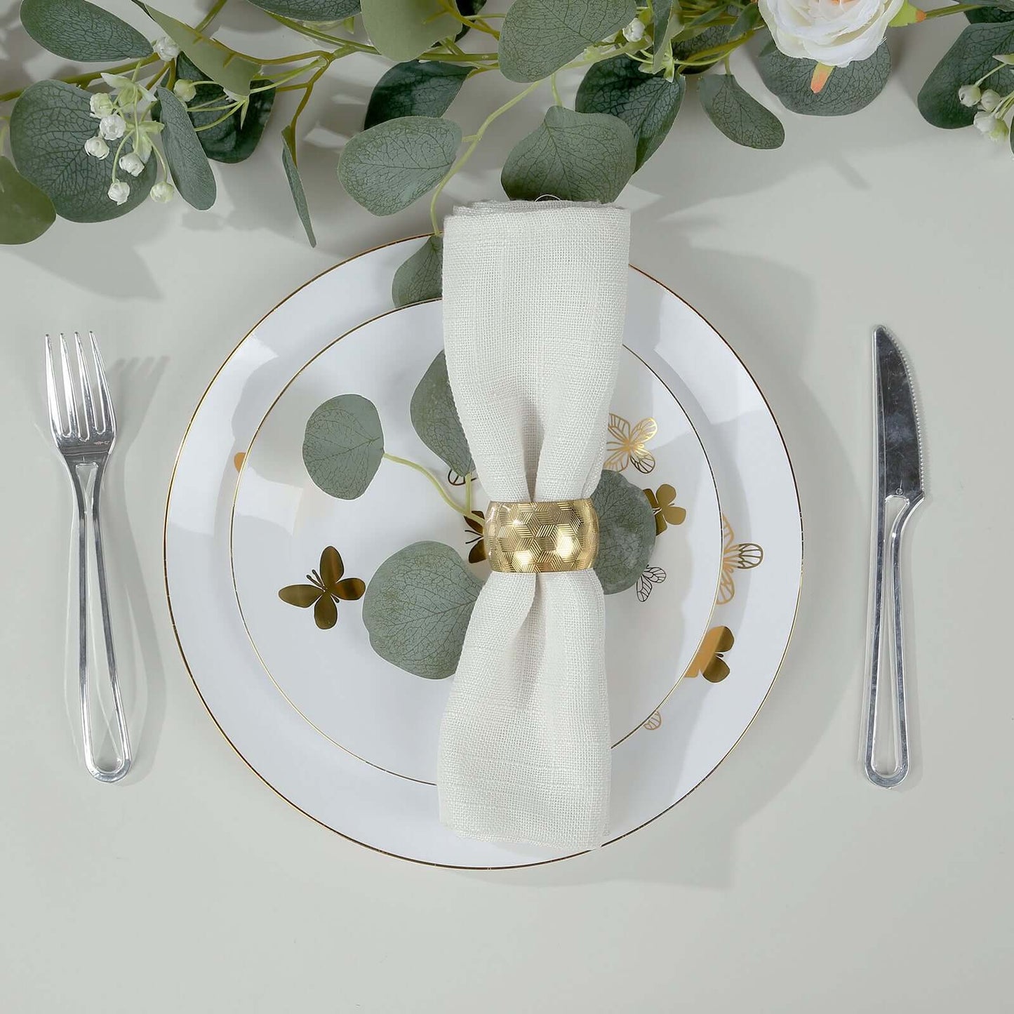 Set of 20 Plastic Round Dinner and Salad Plates in White with Gold Butterfly Design & Gold Rim - Stylish Disposable Dinnerware for Buffets & Catered Events 8", 10"