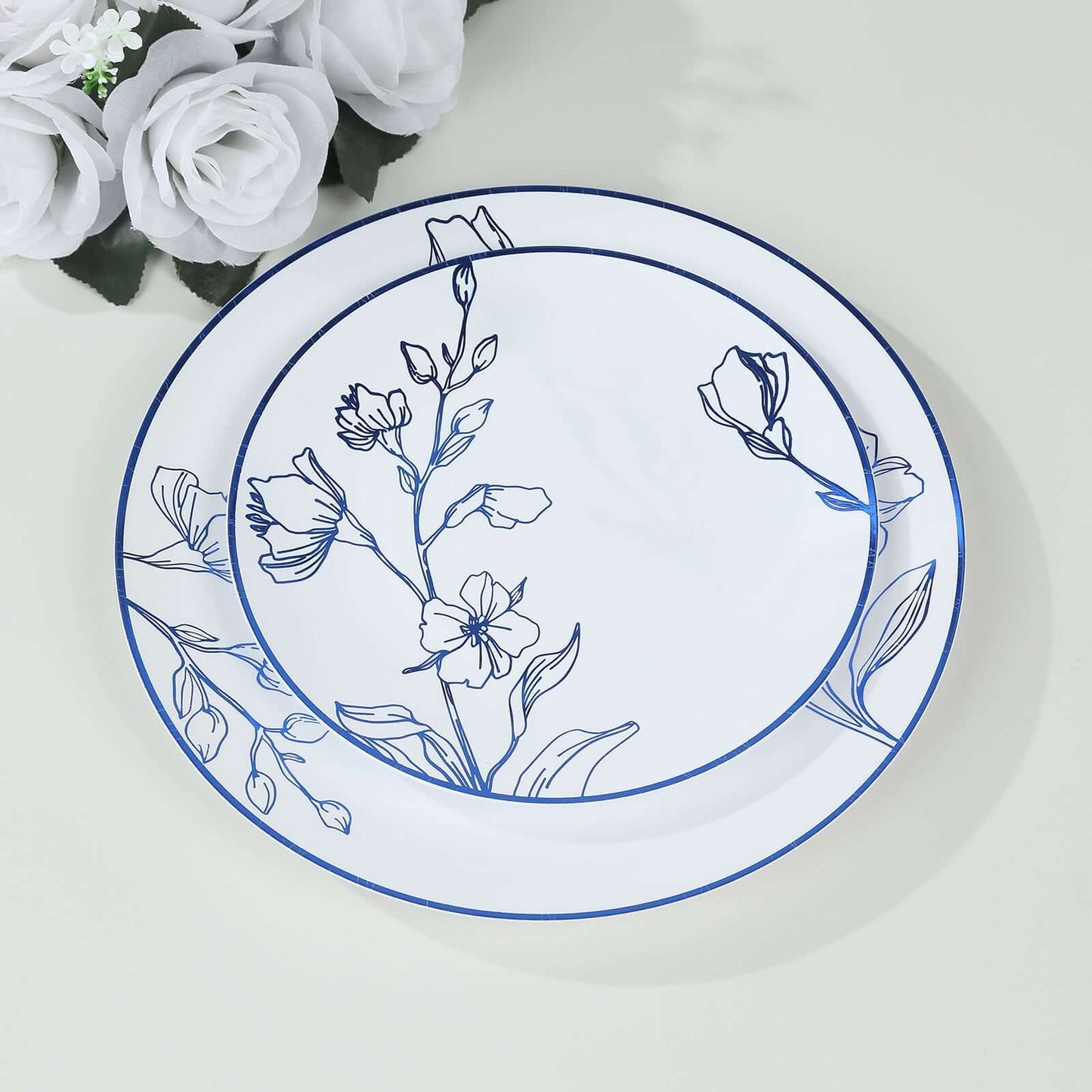 Set of 20 Plastic Round Dinner and Dessert Plates in White with Metallic Blue Floral Design - Stylish Disposable Dinnerware 8", 10"