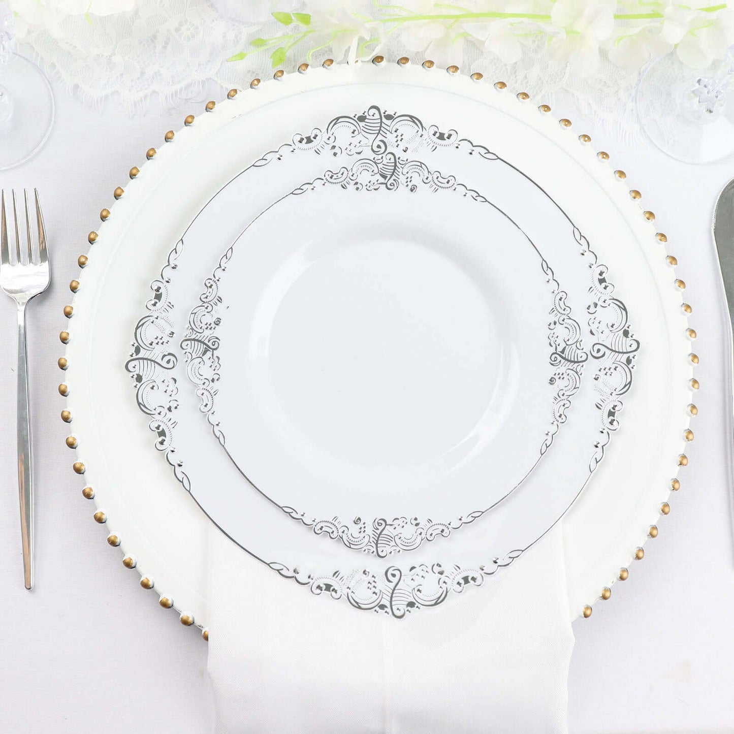 10-Pack Plastic 10" Round Dinner Plates in White with Silver Leaf Embossed Rim - Disposable Vintage Baroque Style Plates