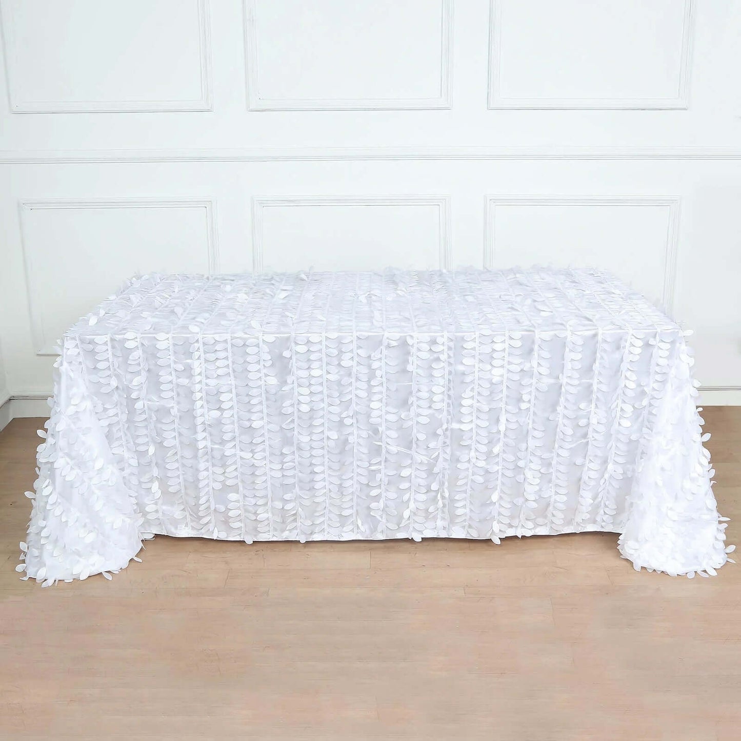 Taffeta 90"x156" Rectangle Tablecloth White | 3D Leaf Petal Design Seamless Table Cover for Stylish Wedding & Event Decor