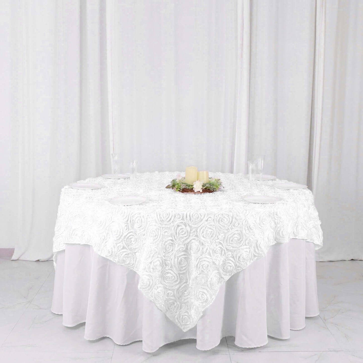 Satin 72"x72" Table Overlay Square Tablecloth White - 3D Rosette Design for Stylish Occasions