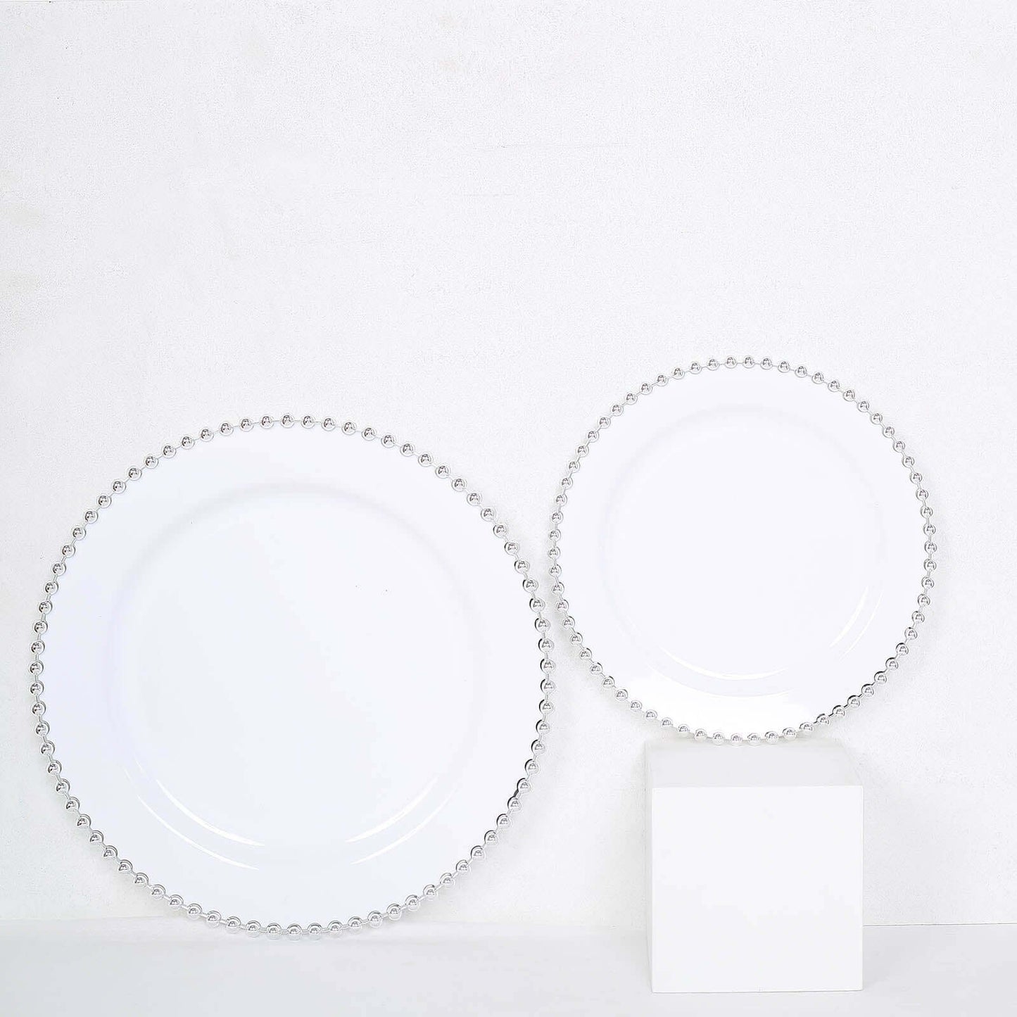 10-Pack Plastic 10" Round Dinner Plates in White with Silver Beaded Rim - Disposable Party Plates for Banquets & Festive Occasions