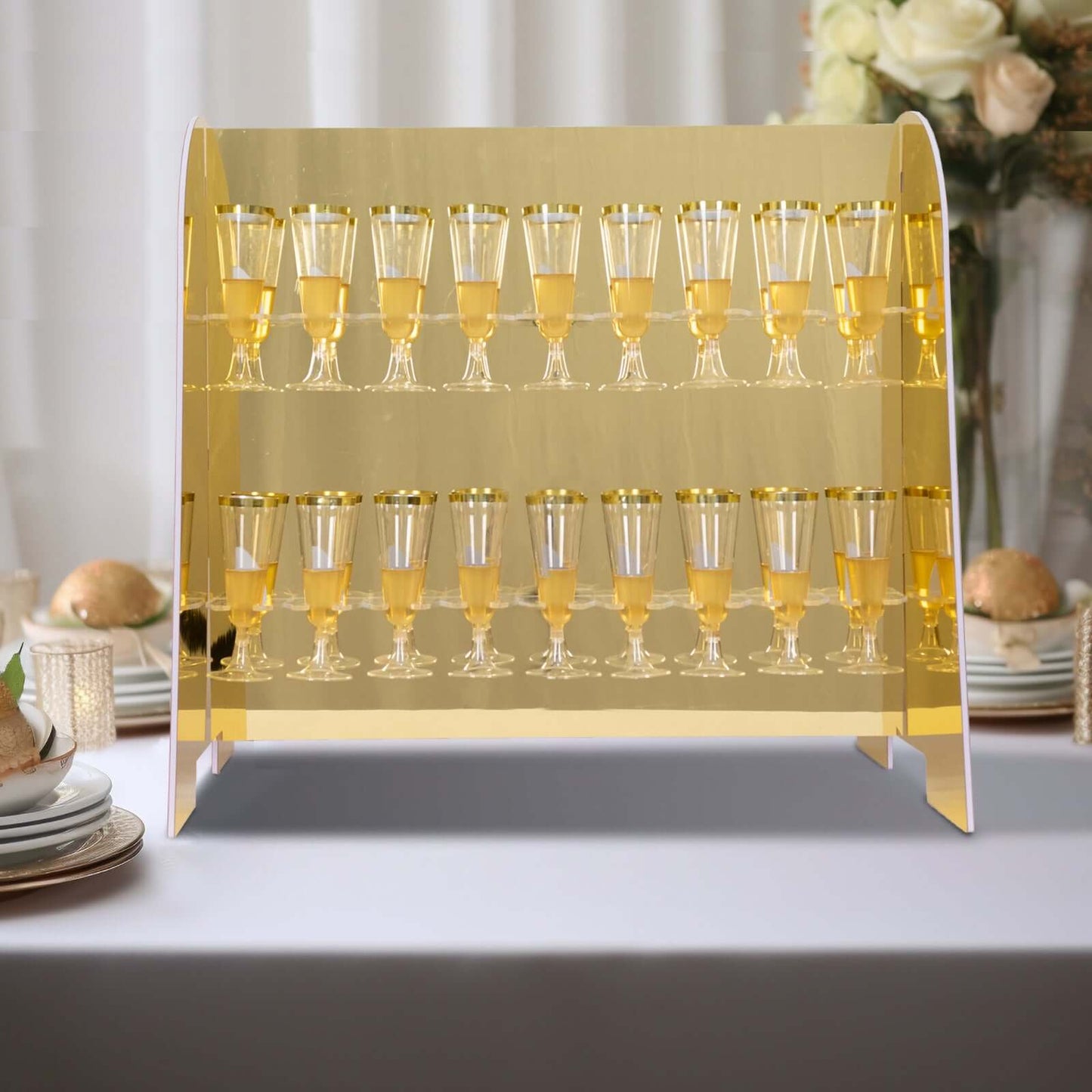 2-Tier Champagne Glass Holder Display Stand Table Top in Gold Mirror Finish - Modern Stemware Rack Cocktail Drink Holder with 18 Hooks for Events & DIY Bars 25"