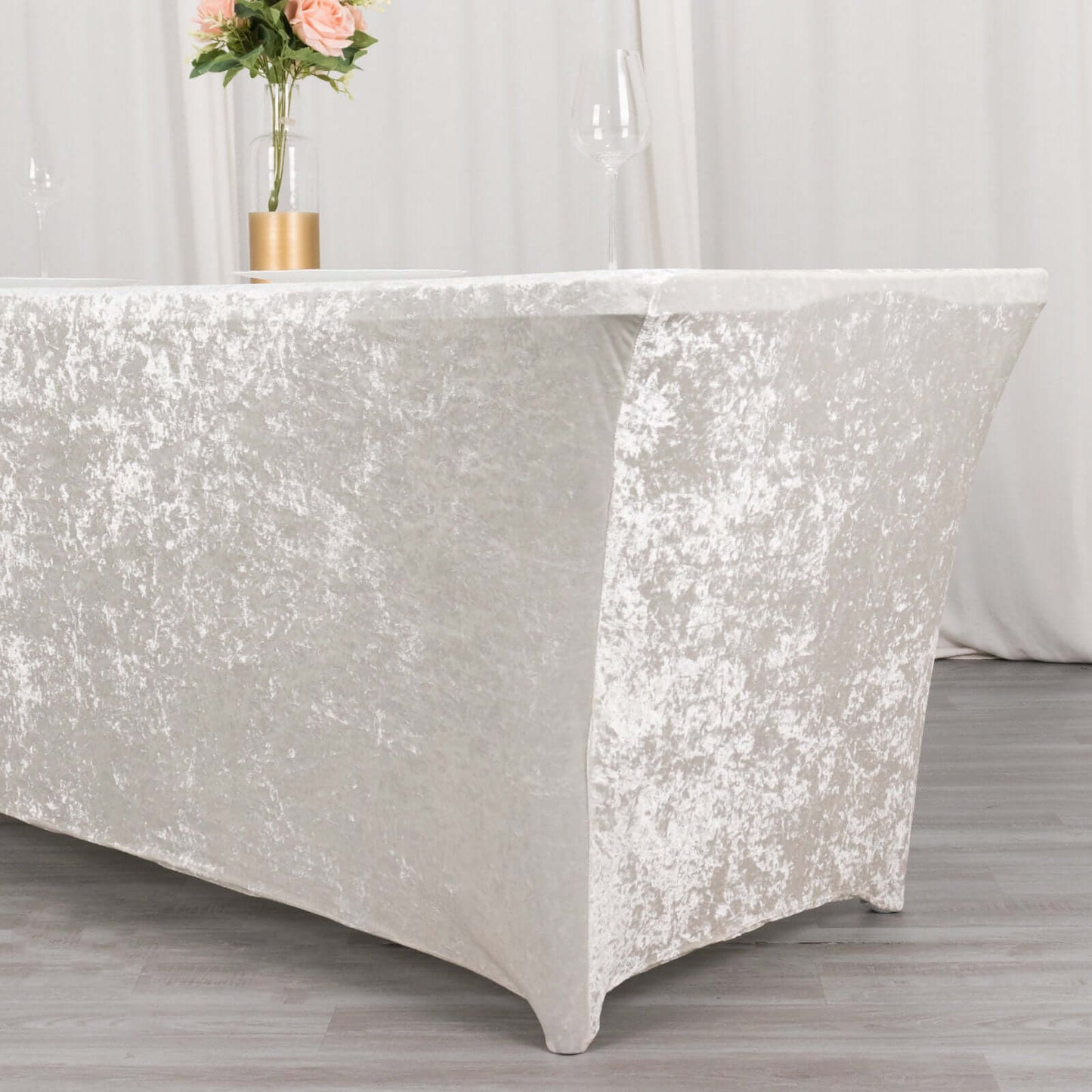 Crushed Velvet Fitted Rectangular 6ft Table Cover White - Wrinkle-Free Stretchy Tablecloth for Weddings and Banquets