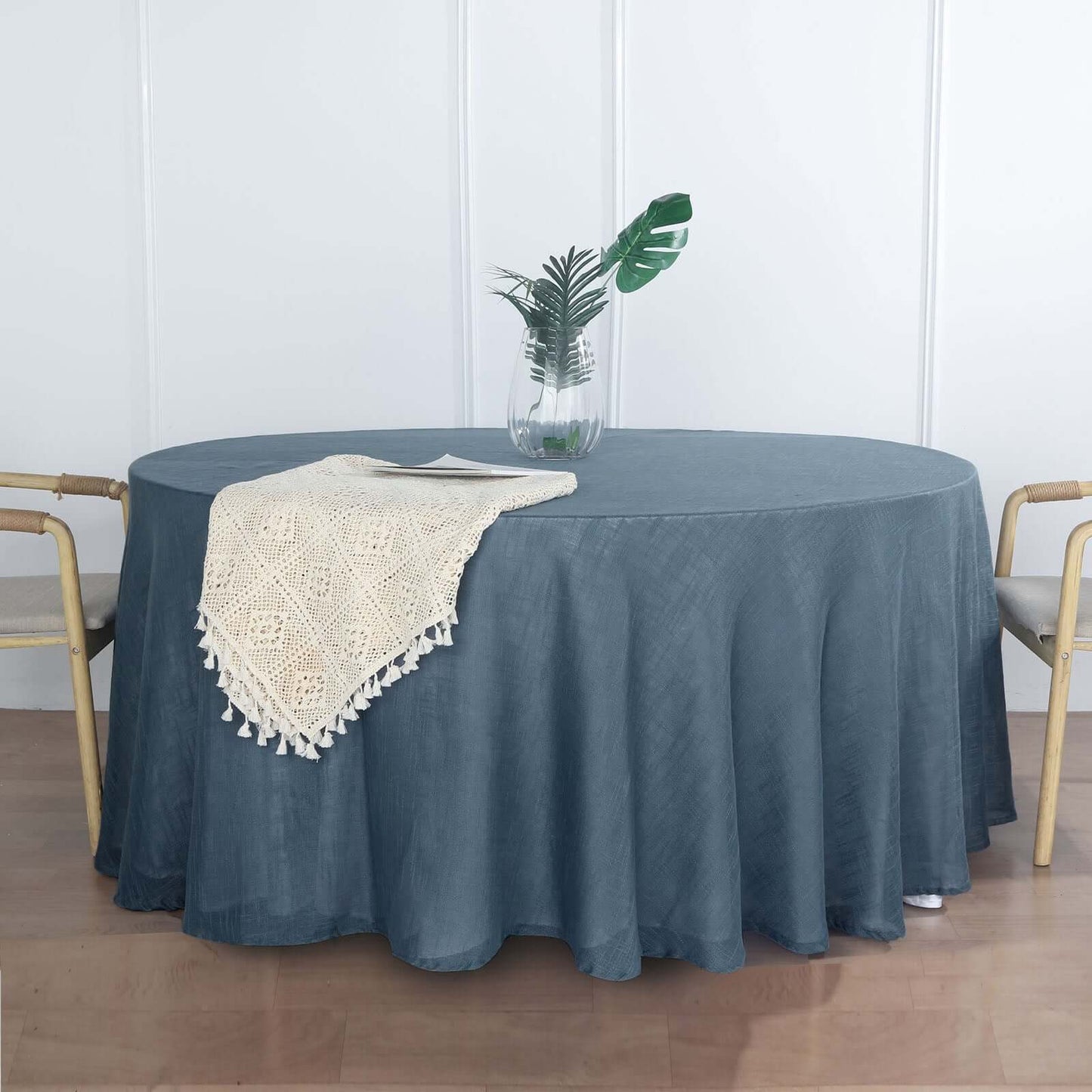 Faux Linen 120" Round Tablecloth Blue - Slubby Texture Wrinkle-Resistant Seamless Table Cover