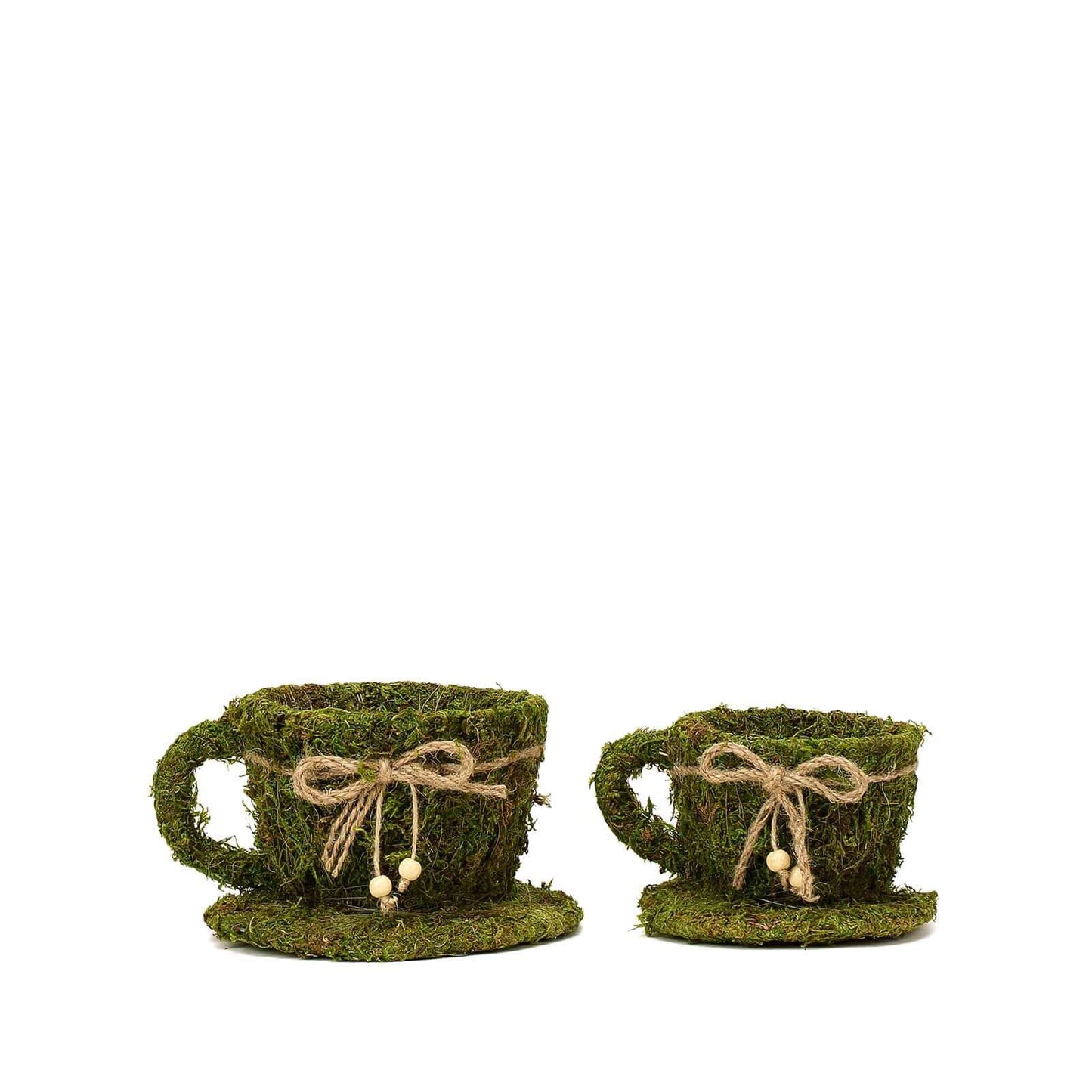 Set of 2 Teacup Shaped Planter Boxes Preserved Moss with Twine Green - Flower Basket Centerpieces 5", 4"
