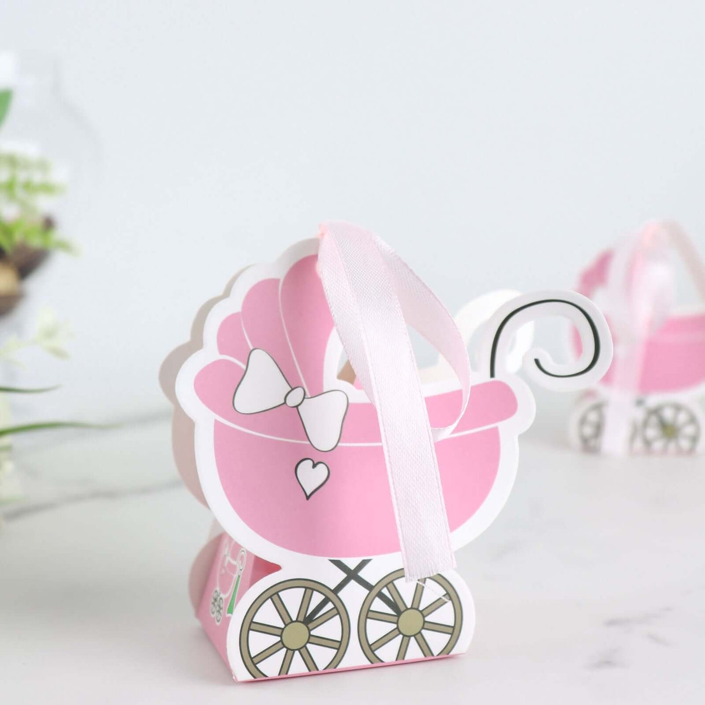25 Pack Pink Baby Paper Stroller Party Favor Gift Boxes, Cardstock Carriage Candy Boxes with Ribbon Ties - 4.5"x2"x4"