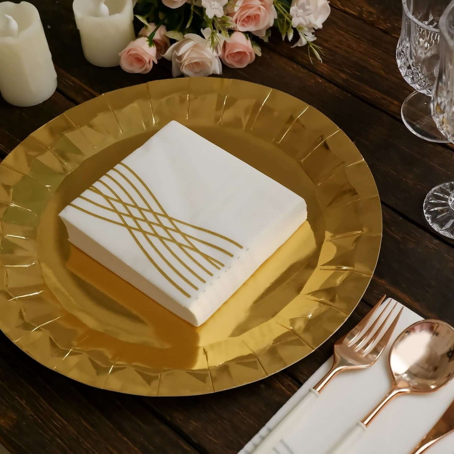 20 Pack Linen-Like Paper 5"x5" Napkins White with Gold Foil Wave Design - Classy Disposable Airlaid Cocktail Napkins