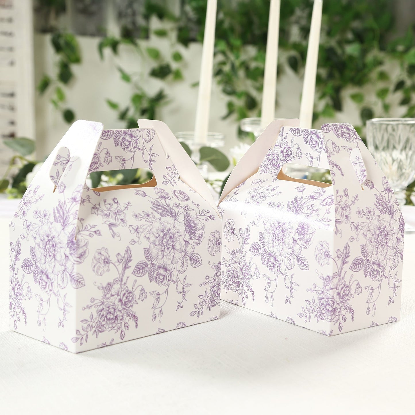 25 Pack Candy Treat Tote Boxes in French Toile Pattern - Matte Lavender and White Party Favor Gable Boxes, Cardstock Paper - 6"x3.5"x7"