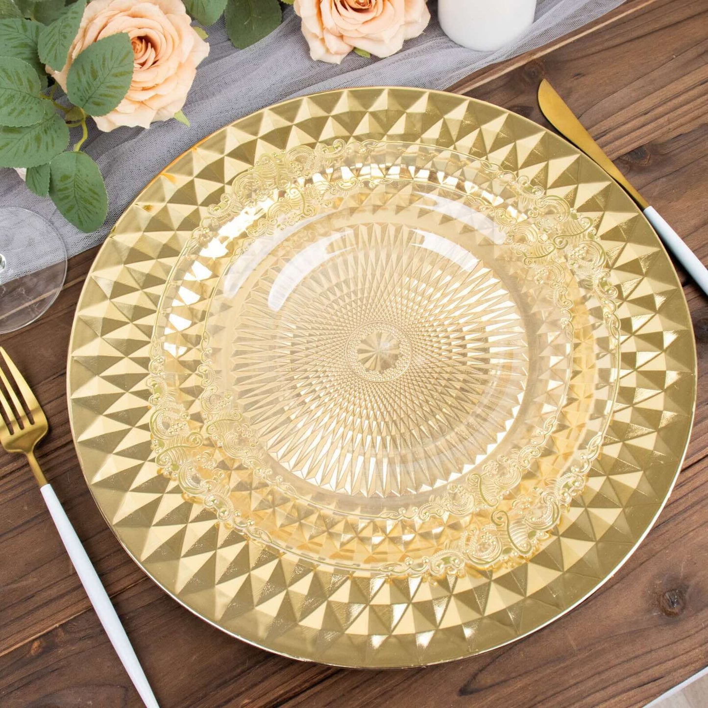 6-Pack Plastic Round Charger Plates 13" in Gold with Diamond Pattern, Sparkling Disposable Dinner Charger Tableware