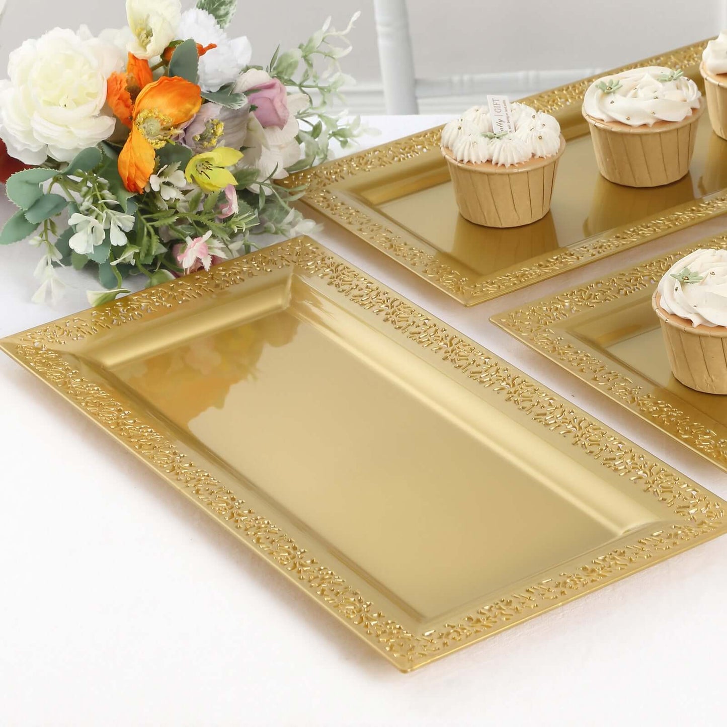 4-Pack Plastic 14" Rectangle Serving Trays Gold with Lace Rim - Chic Decorative Table Tray Platters for Buffets Banquets Dinner Parties