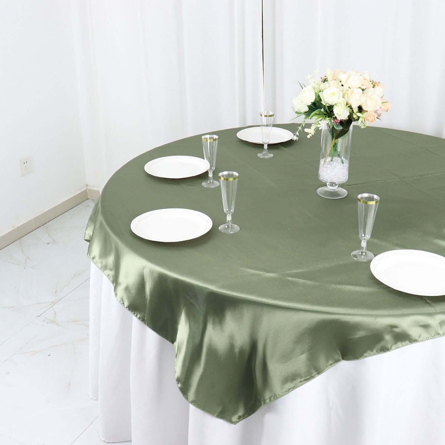Satin 60"x60" Table Overlay Square Tablecloth Dusty Sage Green - Smooth Silky Touch Table Cover