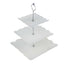 3-Tier Plastic Square Cupcake Stand Tower White - Charming Easy to Assemble Dessert Display Serving Tray Platter with Floral Embossed Scalloped Rim & Silver Handle for Tea Parties Weddings & Special Occasions 13"
