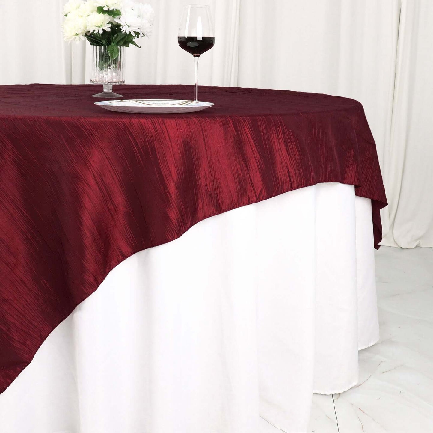 Taffeta 72"x72" Table Overlay Square Tablecloth Burgundy - Accordion Crinkle Table Cover
