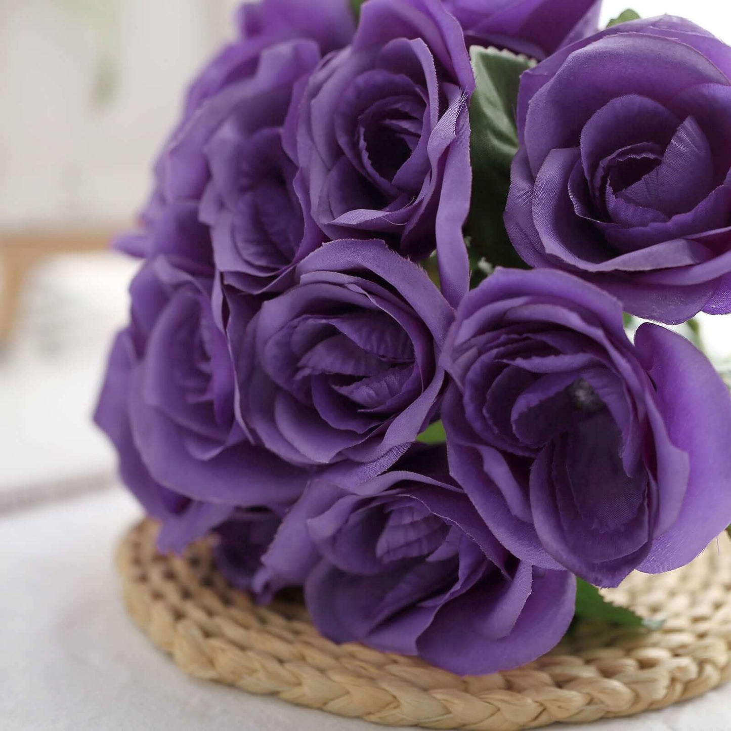 12" Purple Artificial Velvet-Like Fabric Rose Flower Bouquet Bush